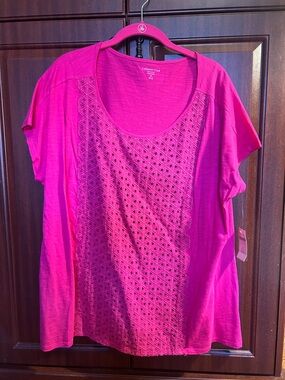 Coldwater Creek Hot Pink Short Sleeve Scoop Neck Top with Laser-Cut Front